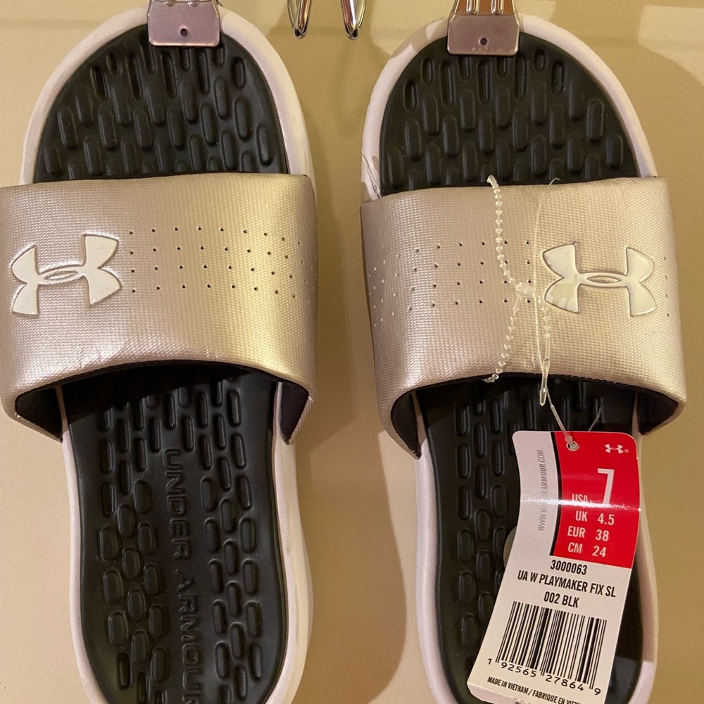 Under Armour Women's Metallic Gold and Black Slide Sandals